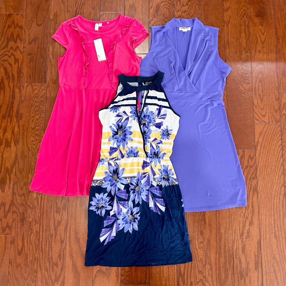Lot of 3 Dresses Pink Purple Blue Stretch Floral Hawaiian Spring Summer NWT